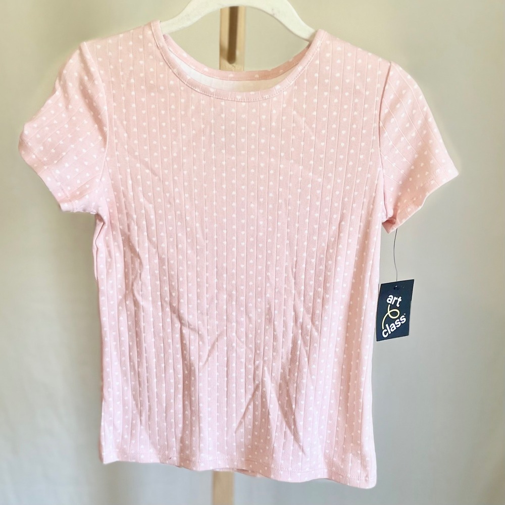 Art Class Girls Pink Ribbed Heart‎ Print Short Sleeve Tee Shirt XL 14 NWT